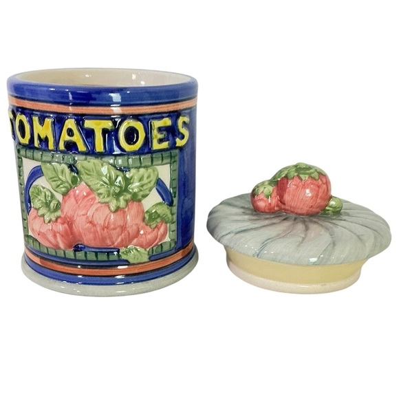Vintage Canister Tomato Farmhouse Multipurpose Jar Ceramic Blue 3 Cup 5.25” Tall - Picture 9 of 16